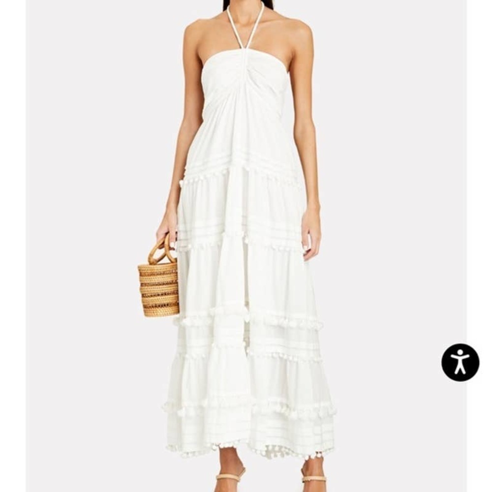 INTERMIX BEACHCLUB Lydia Halter Pompom Organic Cotton Maxi Dress Size L NWOT - Picture 2 of 10